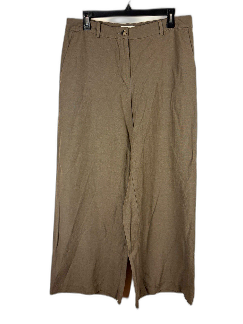 H&M Brown Linen Blend Wide Leg Pants Ankle Crop Women’s Size 12 Classic Travel